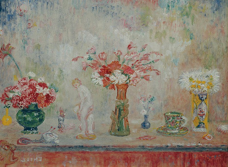 Fantastic Still Life (c. 1917) showcases Ensor’s transition from Symbolism toward early Expressionism and Surrealism.