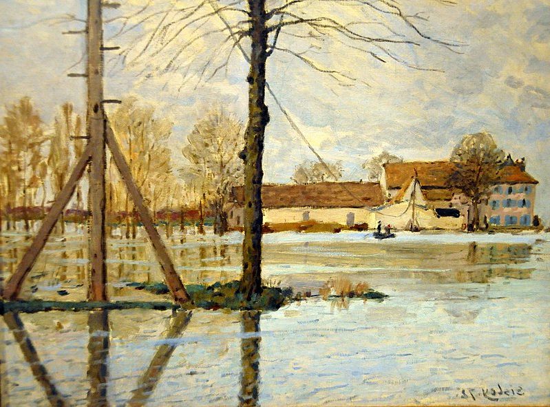 Ferry to the Ile-de-la-Loge – Flood (1872) reflects the Impressionist preoccupation with nature, water, and atmospheric conditions.