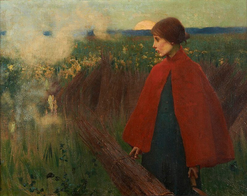 The Passing Train (1890) by Marianne Stokes reflects themes of modernization, fleeting moments, and contemplation.
