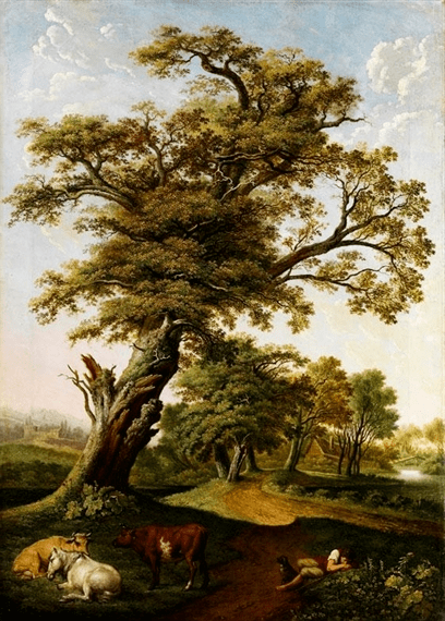 Large Oak Tree in Front of a Small Oak Grove in the Background with Sleeping Shepherd and Resting Cattle is a pastoral landscape that captures a serene moment in nature.
