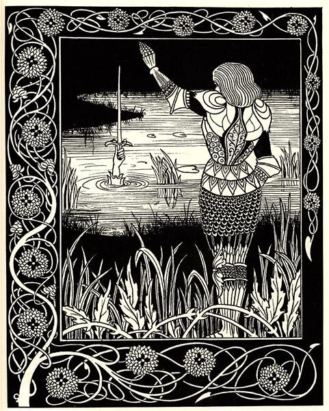 Excalibur in the Lake (1893) reflects the mythical moment when the legendary sword Excalibur emerges from or sinks into the lake, held by a mysterious hand.
