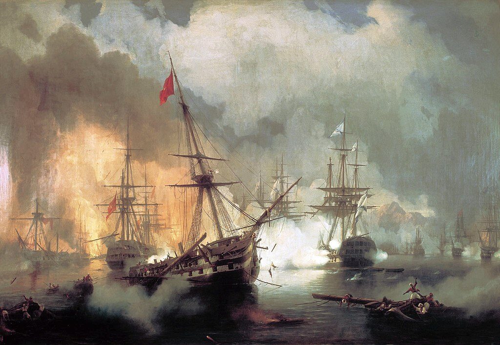 Battle of Navarino (1848) by Ivan Aivazovsky reflects the artist’s dramatic portrayal of naval warfare