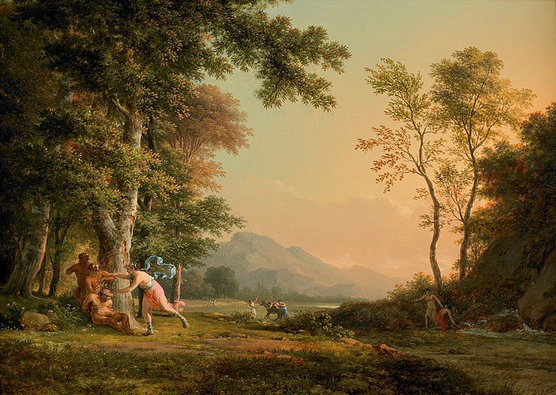A Wooded Landscape with a Bacchic Scene, circa 1810 combines Neoclassical landscape traditions with mythological themes.