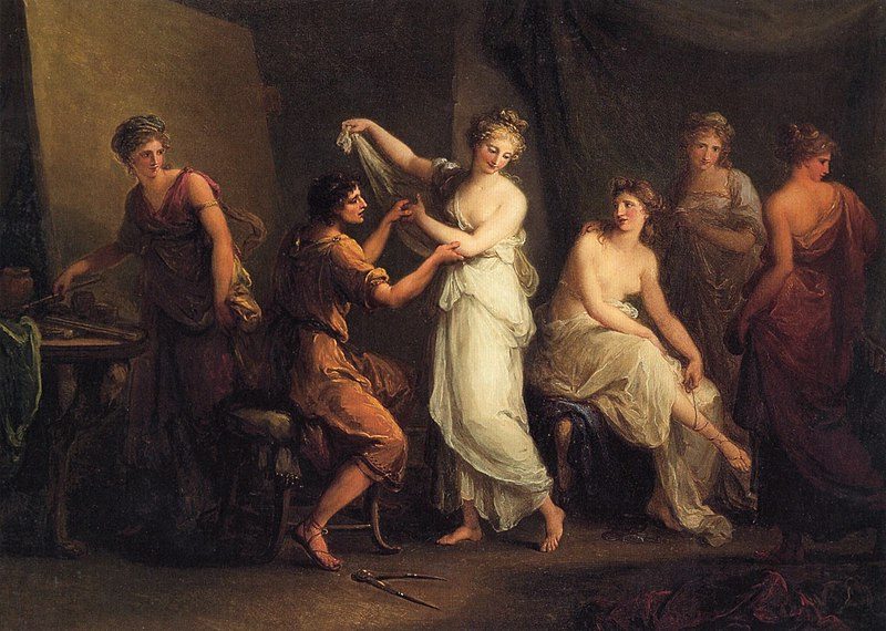 Zeuxis Selecting Models for His Painting of Helen of Troy (c. 1778) reflects themes of ideal beauty, artistic perfection, and the intellectual process behind classical art.