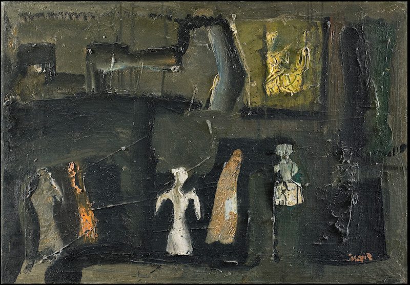 Composizione or Composizione e figure (1957) reflects his late-period shift towards abstraction.