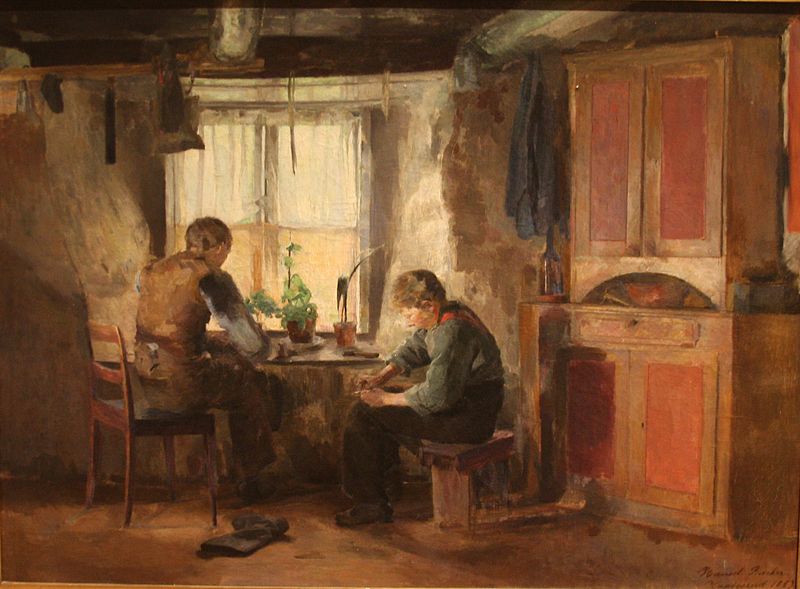 Bygdeskomakere (1887) by Harriet Backer reflects a quiet moment of rural craftsmanship and domestic life in 19th-century Norway.