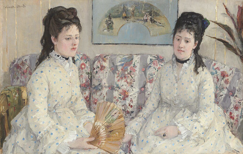 The Sisters (1869) by Berthe Morisot reflects an intimate and tender portrayal of sisterhood and domestic life.
