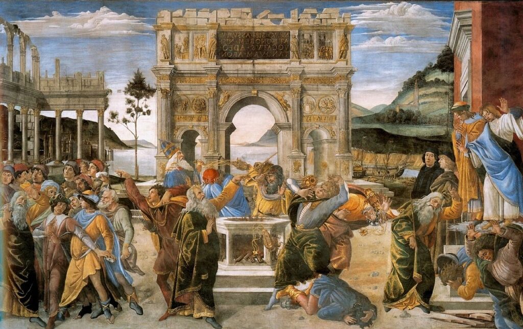 Punishment of the Sons of Corah reflects the biblical story from the Book of Numbers