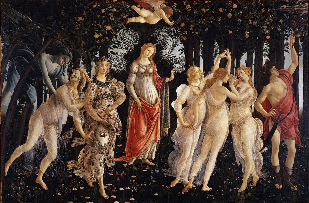 Primavera (c. 1482) by Sandro Botticelli reflects the springtime renewal of the Florentine Renaissance