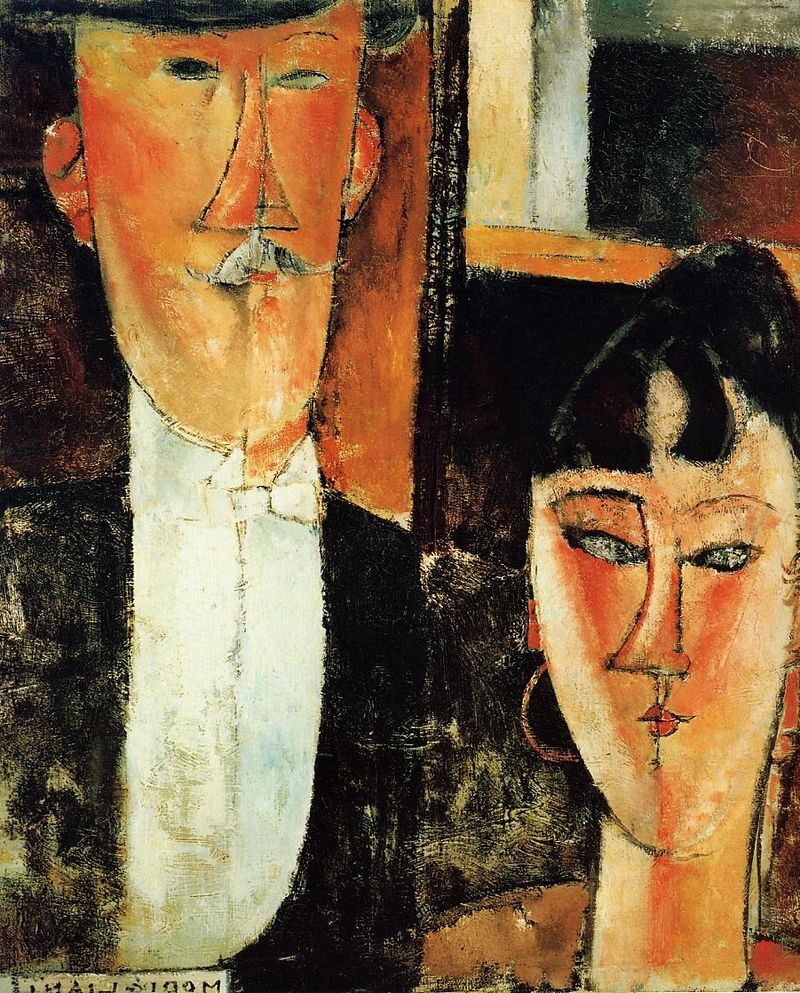 Bride and Groom (1915) by Amedeo Modigliani reflects unity, contrast, and the artist’s evolving modernist style. 