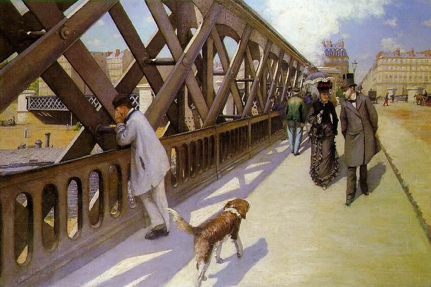 Le Pont de l'Europe (1876) by Gustave Caillebotte reflects themes of modernity, industrialization, and urban life in 19th-century Paris.