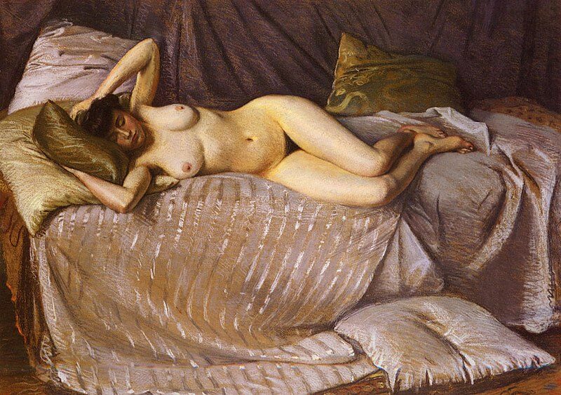 Nude Lying on a Couch (1873) by Gustave Caillebotte reflects themes of intimacy, realism, and natural beauty.