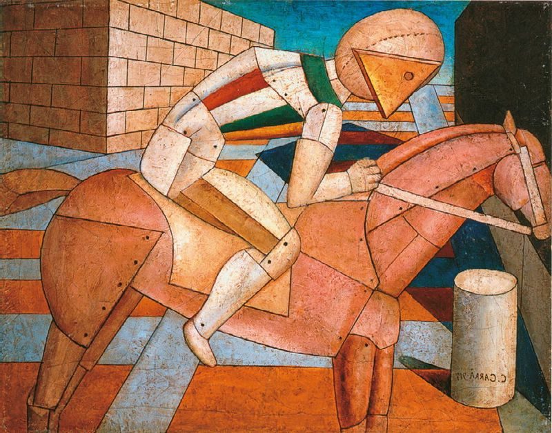 Il cavaliere dello spirito occidentale (1917) exemplifies Carrà’s growing interest in symbolic imagery and structured compositions.