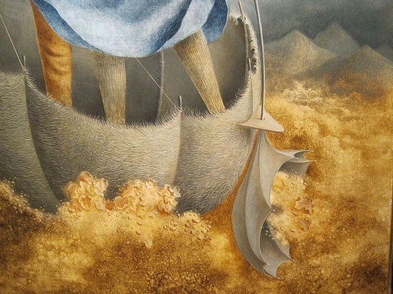La huida (1961) by Remedios Varo reflects themes of escape, transformation, and mystical journeying.