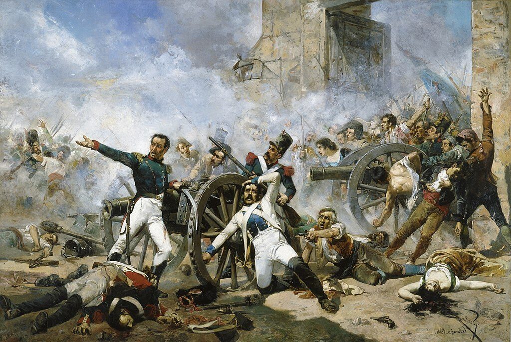 The Death of Pedro Velarde y Santillán during the Defence of the Monteleón Artillery Barracks (1884) reflects themes of heroism, sacrifice, and national resistance. 