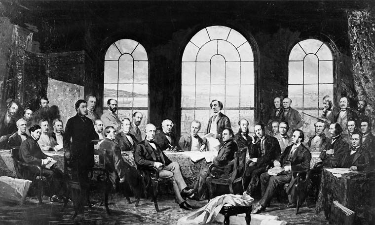 Conference at Québec in 1864, to settle the basics of a union of the British North American Provinces, also known as The Fathers of Confederation. (Not the original painting).