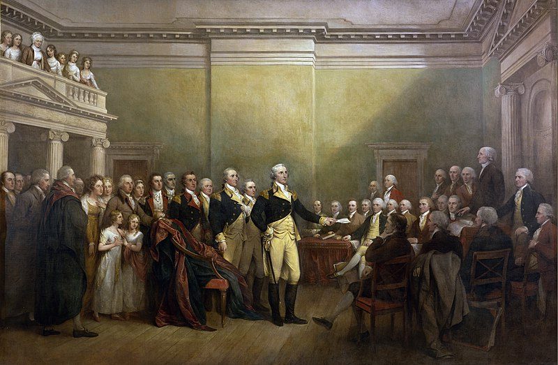 General George Washington Resigning His Commission (1824) emphasizes Washington’s commitment to democracy and civilian rule.
