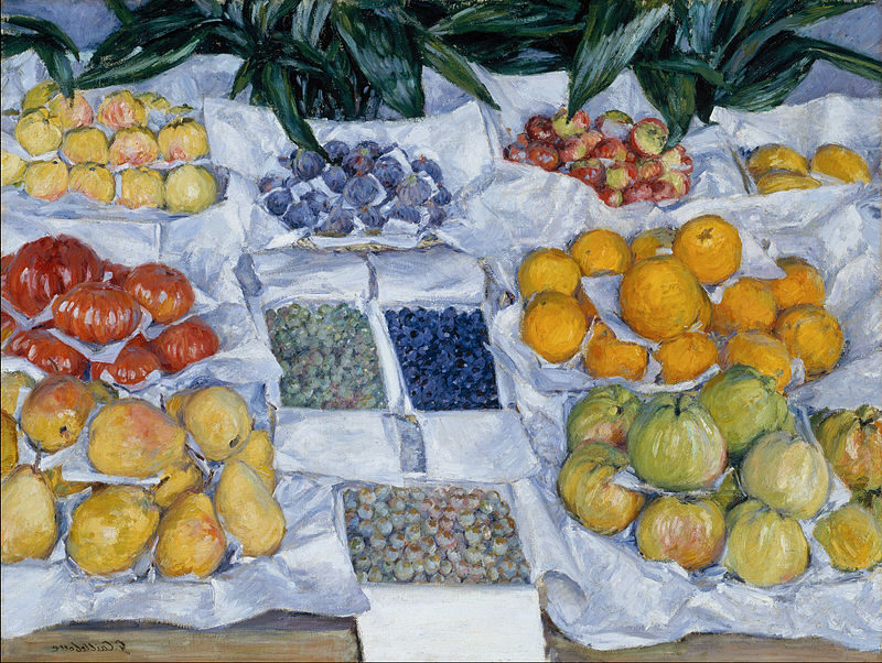 Fruits sur un étalage (1882) by Gustave Caillebotte reflects themes of abundance, realism, and everyday life.