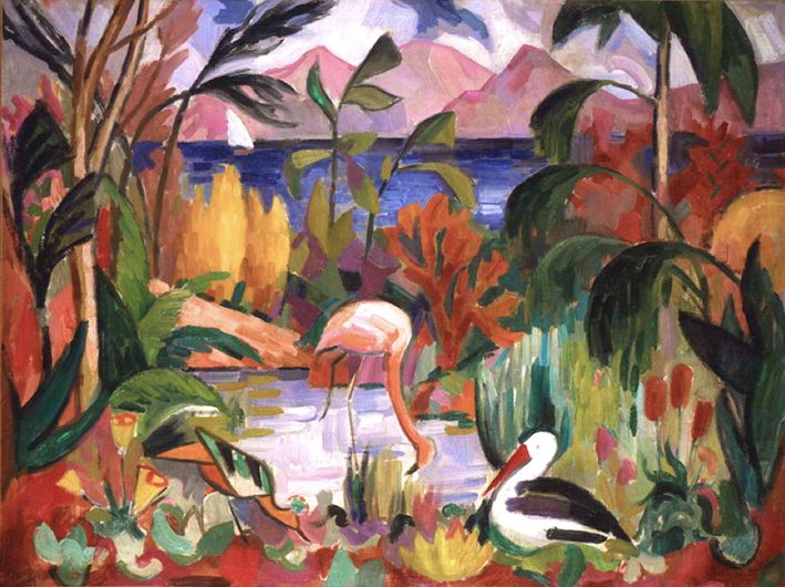 Paysage coloré aux oiseaux aquatiques (1907) reflects his transition from Post-Impressionism toward Fauvism and eventually Cubism. 