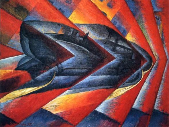 Dynamism of a Car (1913) by Luigi Russolo captures speed, energy, and mechanical power through bold abstraction.