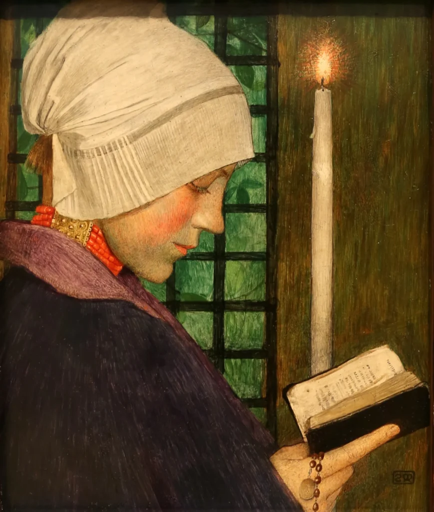 Marianne Stokes' Candlemas Day reflects a blend of spiritual and symbolic themes