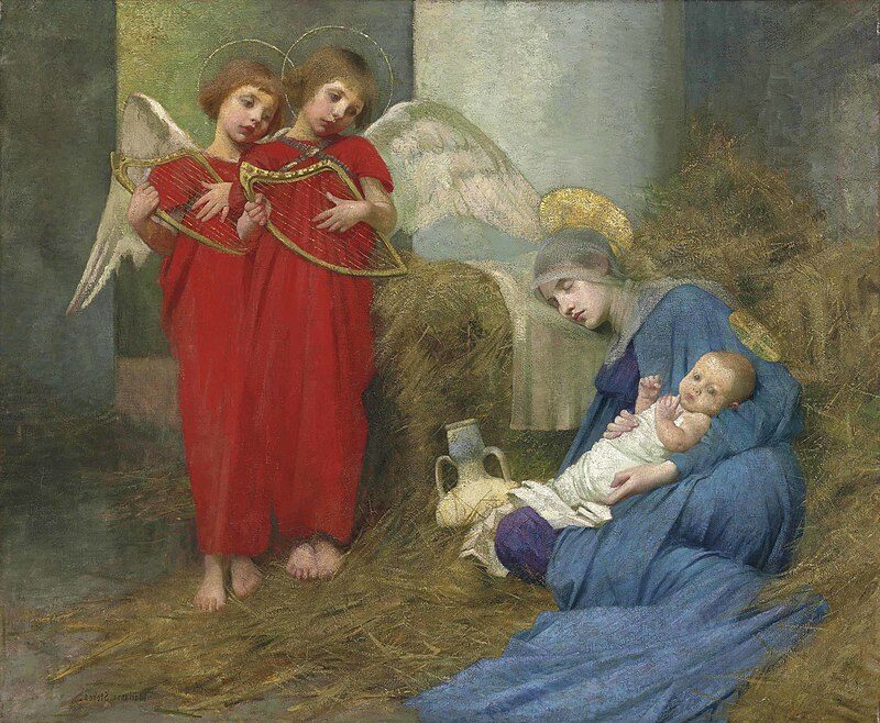 Angels Entertaining the Holy Child reflects themes of spirituality, idealization, and serenity