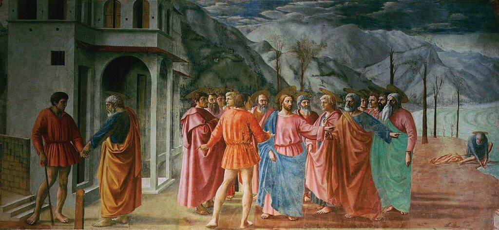 The Tribute Money (c. 1425) by Masaccio reflects the early Renaissance shift toward naturalism, perspective, and storytelling in religious art. 