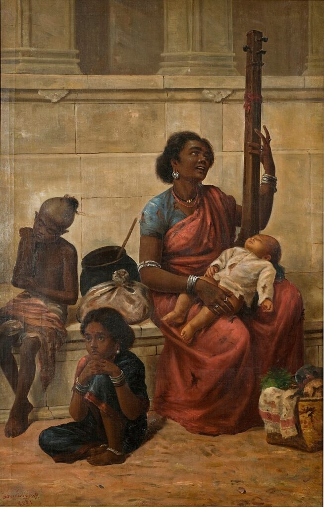 Gypsies (1893) by Raja Ravi Varma reflects themes of nomadic life, cultural diversity, and human resilience. 