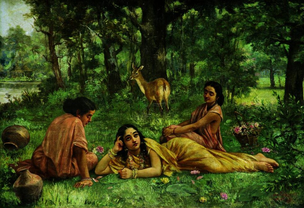 Shakuntala Patra-lekhan (1876) by Raja Ravi Varma reflects themes of love, longing, and classical Indian mythology.