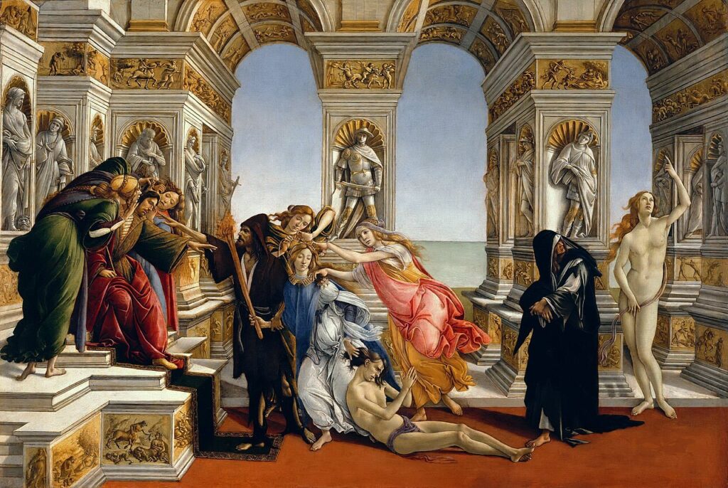 Calumny of Apelles (c. 1494–95) reflects the artist’s fascination with classical antiquity and moral allegory