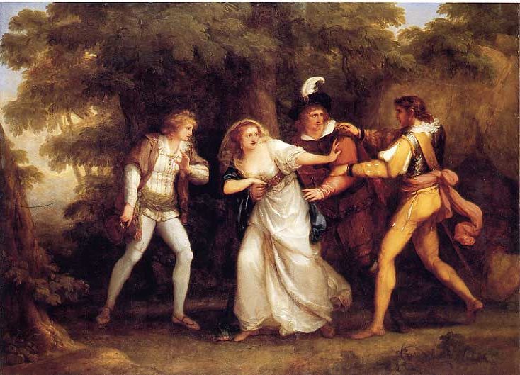 Valentine Rescues Silvia from The Two Gentlemen of Verona (1789) reflects heroism, chivalry, and moral virtue.
