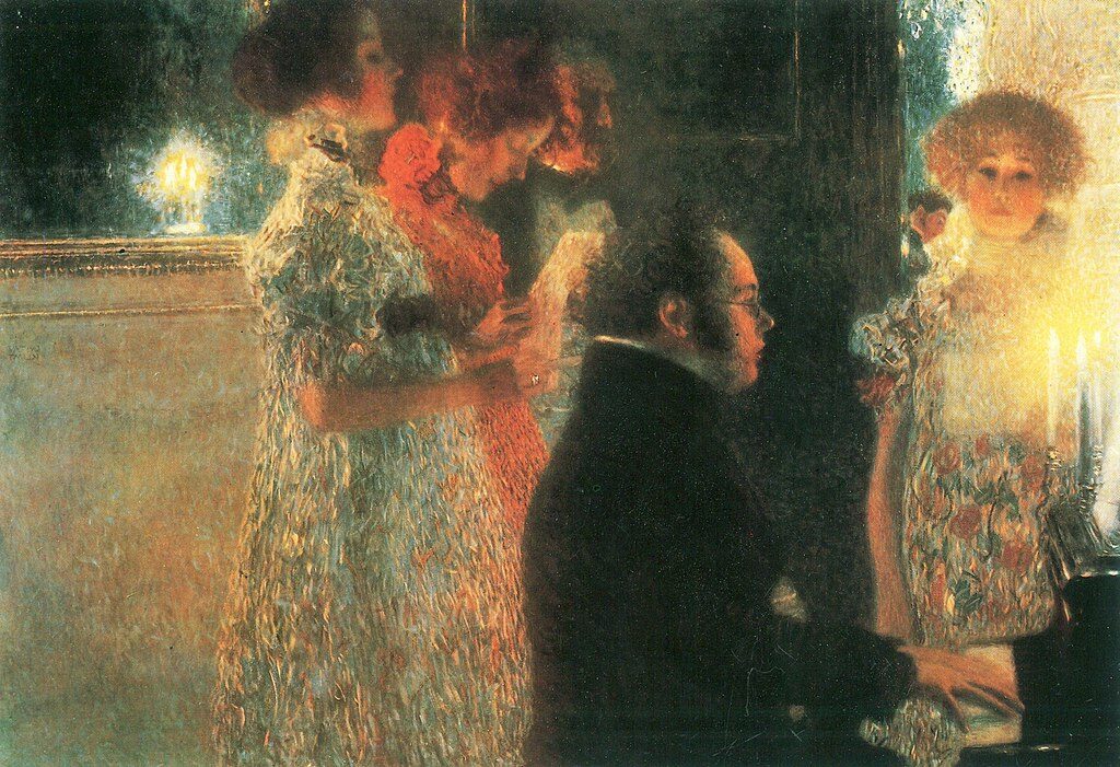 Schubert at the Piano (1899) by Gustav Klimt reflects themes of music, creativity, and artistic expression.