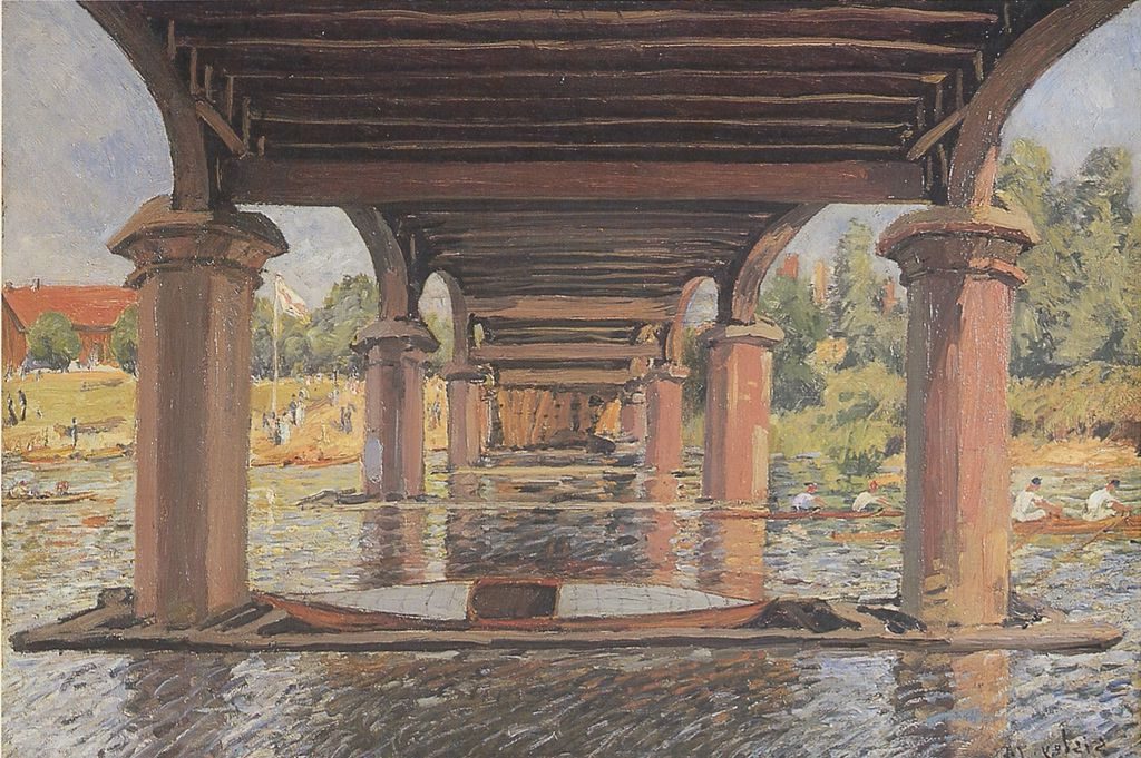 Under the Bridge at Hampton Court (1874) reflects the Impressionist fascination with light, water, and atmospheric effects.