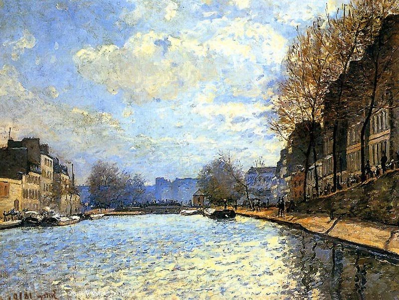 St. Martin Canal (1870) by Alfred Sisley captures the quiet flow of water, with trees lining the canal and buildings in the distance.