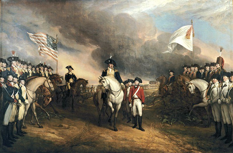 Surrender of Lord Cornwallis (1820) highlights French-American unity, with General Rochambeau and Lafayette standing among the American officers.