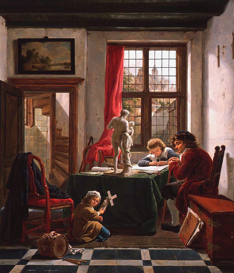 Abraham van Strij’s The Drawing Lesson (c. 1800) reflects the Dutch artistic tradition of the 18th and early 19th centuries.