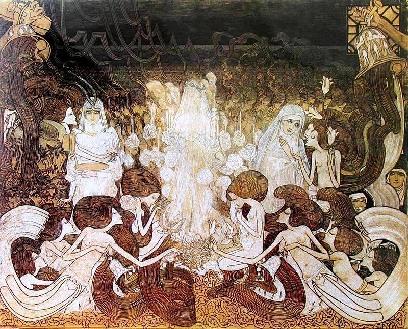 The Three Brides (1893) by Jan Toorop reflects themes of spiritual duality, fate, and the complexities of womanhood. 