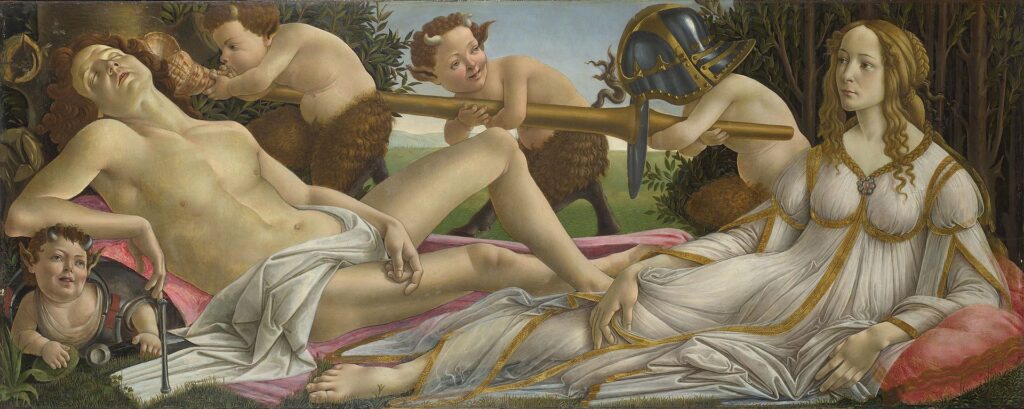 Venus and Mars reflects the contrast between love and war through the serene depiction of Venus