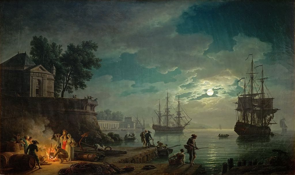 Seaport by Moonlight, (1771) reflects the Romantic and Sublime qualities of 18th-century landscape painting.