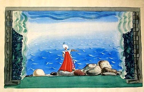 A Buccaneer on the seashore. Stage set. by Jury Annenkov in 1921