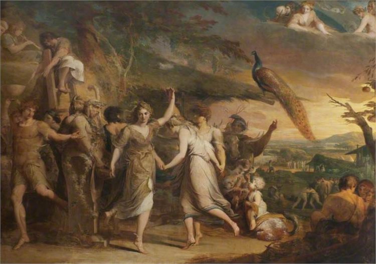 The artwork reflects his interest in ancient Greek culture and the theme of celebration in the natural world.