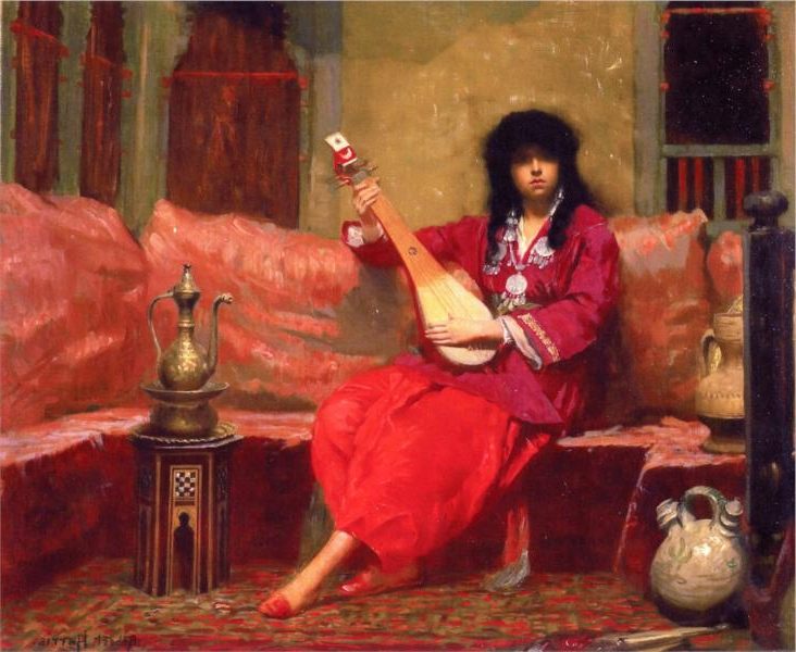 A North African Interior (1877) by Robert Harris showcases his attention to detail and the interplay of light and shadow within the interior space.