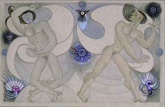 Acrobats Macro and Microcosms (1981) reflects her fascination with surrealism, cosmic harmony, and the interplay between human forms and the universe.