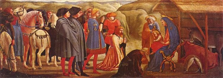 The Adoration of the Kings (1425–1428) by Masaccio reflects the Renaissance's evolving focus on naturalism, perspective, and human expression.