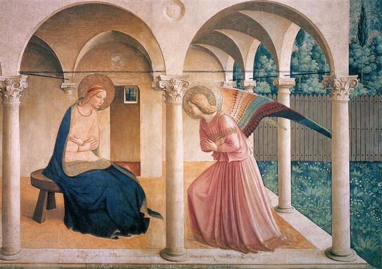 Christ Glorified in the Court of Heaven (1428–1430) is a radiant depiction of Christ surrounded by saints and angels in divine glory.
Christ Glorified in the Court of Heaven (1428–1430) by Fra Angelico
His technique with fresco painting allowed pigments to stay vibrant over time. By applying paint directly onto wet plaster, the colors bond deeply, enhancing both brightness and durability.
Angelico’s use of light was not just practical but symbolic. He harnessed it to suggest the presence of the divine, creating an ethereal quality.
Shadows and highlights were carefully balanced to maintain harmony within the composition, guiding the viewer’s eye and enhancing the emotional impact.
Perspective and Composition
Fra Angelico paintings in perspective and composition marked a shift from medieval to Renaissance styles. He utilized linear perspective to give his paintings a realistic sense of depth, allowing viewers to feel as though they are entering the scene. This was a departure from the flatness seen in earlier art forms.
He employed techniques such as creating a vanishing point, usually at eye level, drawing attention to specific figures or actions.
The meticulous arrangement of figures within the composition balanced sacred themes with geometric precision, integrating both human and divine elements in harmonious scenes.
Alongside the artistic elements, proportions of figures were carefully considered, bringing a sense of humanity and relatability to his religious subjects. This demonstrated not only technical skill but also a deeper spiritual intention.
Noteworthy Collections and Exhibitions
Fra Angelico, a key figure in early Renaissance art, is celebrated for his detailed and spiritual paintings. Major exhibitions have explored his masterpieces, reflecting on works like The Annunciation and the San Marco Altarpiece.
The Annunciation
The Annunciation is one of Fra Angelico paintings, illustrating the moment the angel Gabriel tells Mary she will bear the son of God. The artwork is renowned for its delicate use of color and light, showcasing Fra Angelico’s ability to combine spiritual themes with artistic beauty.
![Annunciation (1442–1443) by Fra Angelico Paintings showcasing divine grace, vibrant colors, and masterful perspective.
