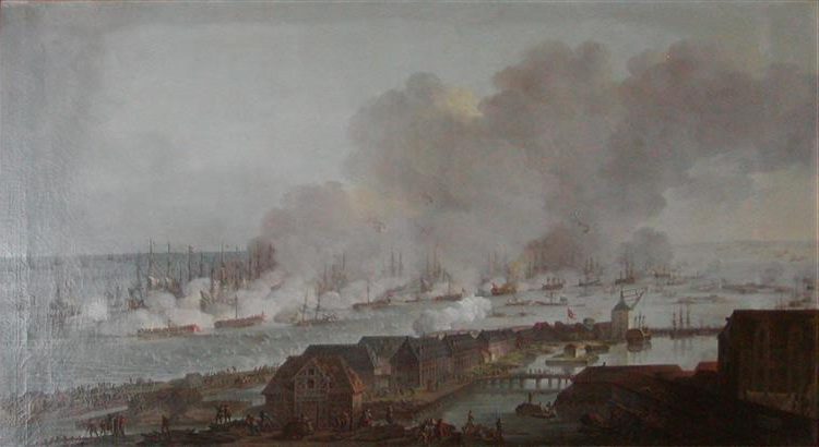 Battle of Copenhagen depicts the Battle of Copenhagen, a naval confrontation between the Royal Navy of Britain and the Danish-Norwegian fleet
