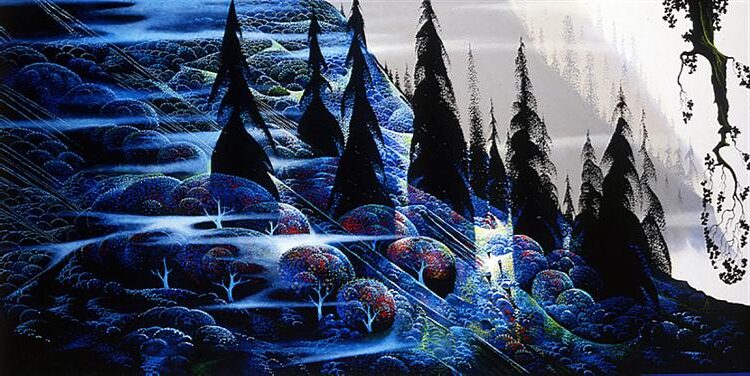 Black Spruce (1990) by Eyvind Earle reflects the artist’s mastery of stylized landscapes and his deep reverence for nature’s grandeur.