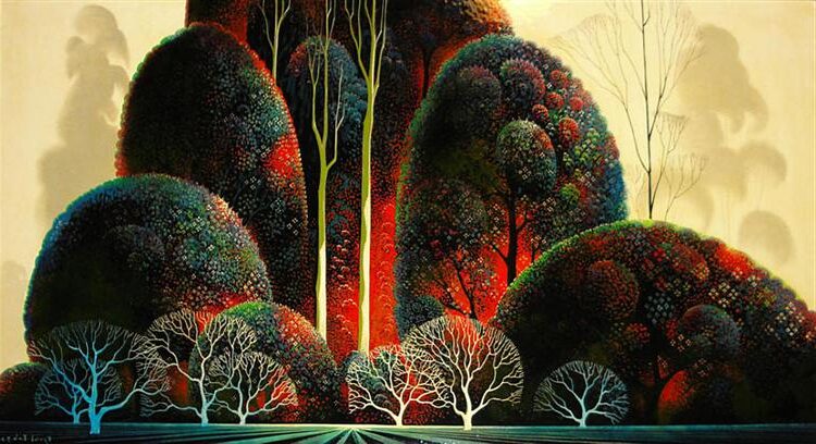 California Orchid (1983) by Eyvind Earle reflects the artist's deep appreciation for nature’s elegance and the harmony between bold colors and delicate forms.