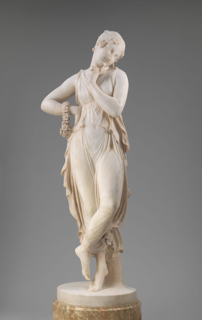 Dancer with Finger on Chin (1814) showcases Canova’s ability to create lifelike movement in marble, a hallmark of his sculptural style.