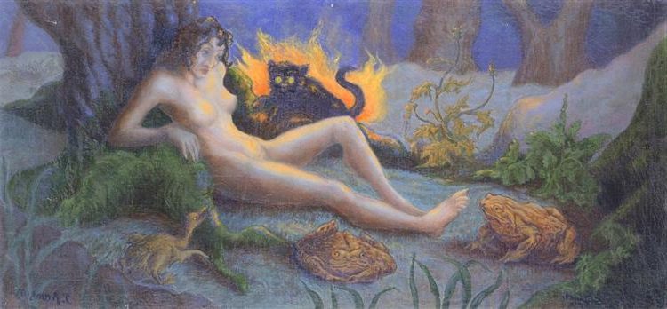 The Witch with Black Cat (1893) reflects the mystical and esoteric themes characteristic of the Symbolist movement.